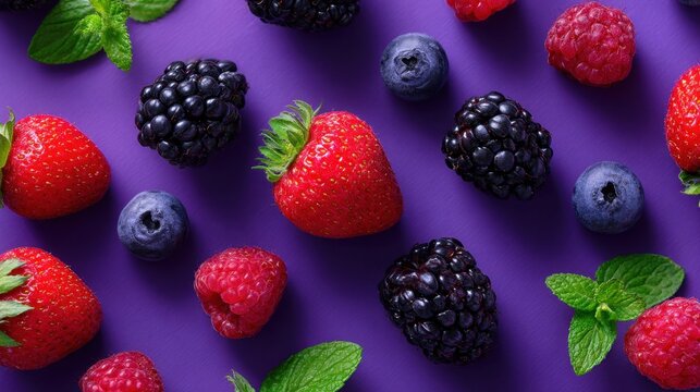 A purple background with a variety of berries and mint. The berries include blueberries, blackberries, and raspberries. The mint is green and is scattered throughout the image