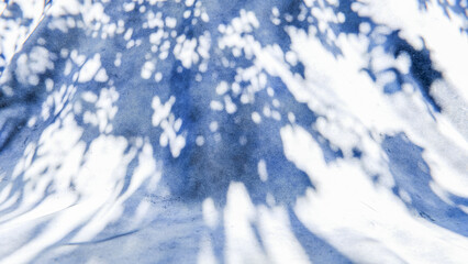Abstract sunlight shadow of leaves reflecting on blue concrete wall