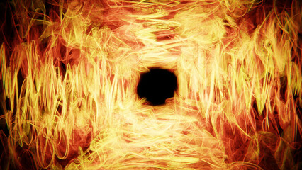 Golden fire burning around black hole creating abstract background