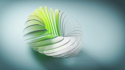 Abstract green and white slices creating a sphere shape on gradient background