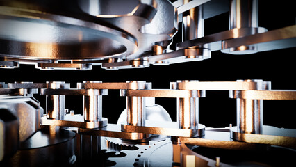 Complex clockwork mechanism with gears and chains rotating on black background