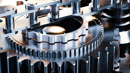 Close up of interlocking metal gears and chain rotating smoothly