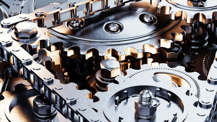 Complex engine internals showing rotating gears and chain drive system