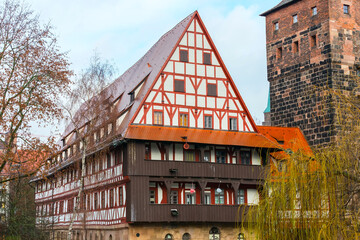 City street of Nuremberg, Franconia with half-timbered houses in Bavaria