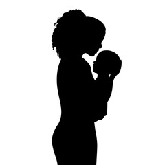 A woman's profile silhouette with a baby in her arms. Illustration on a transparent background