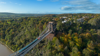 Aerial drone view of the Clifton Suspension Bridge spanning the Avon Gorge in Bristol, England. 