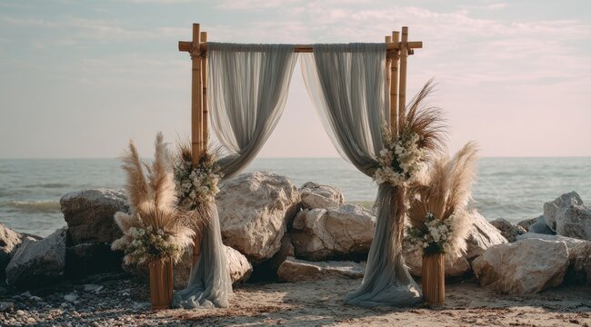 Beach wedding archway, light gray fabric draped over bamboo structure,  boho-style floral arrangements,  on a sandy shore