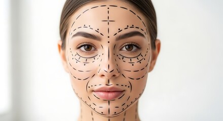Woman's Face Marked With Black Lines For Cosmetic Surgery