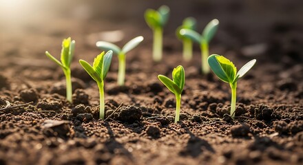 Young green sprouts emerging from dark soil seedling