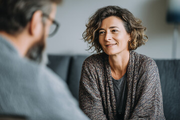 Candid portrait of a smiling middle-aged woman engaged in a warm conversation at home, relaxed indoor lifestyle with natural expression