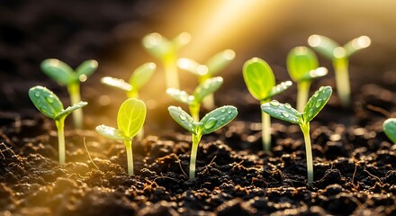 Young green sprouts with water droplets in dark soil