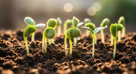 Young green sprouts emerging from dark soil with water droplets