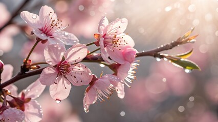 Closeup of delicate pink cherry blossoms glistening with water droplets, illuminated by soft sunlight, creating a dreamy and romantic spring scene
