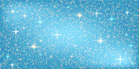 Glamorous blue disco ball mosaic background with glitter and shine. The sparkling and pixels texture sense. luxury festive paper decoration. Vector design illustration.