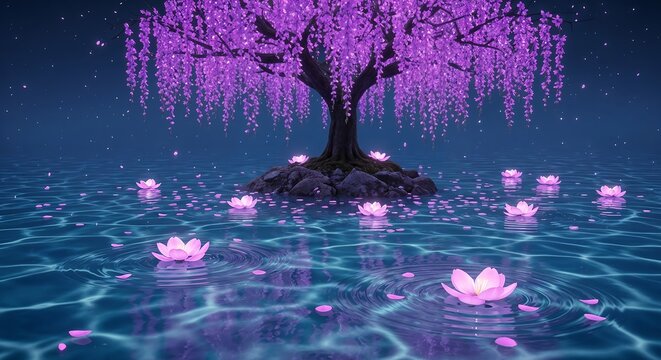 a dreamy night at Tropical sea with purple tree and blossom of flowers.
Purble and blue background, dreamy background, landscape background, land background, purple flower background, generative ai , 