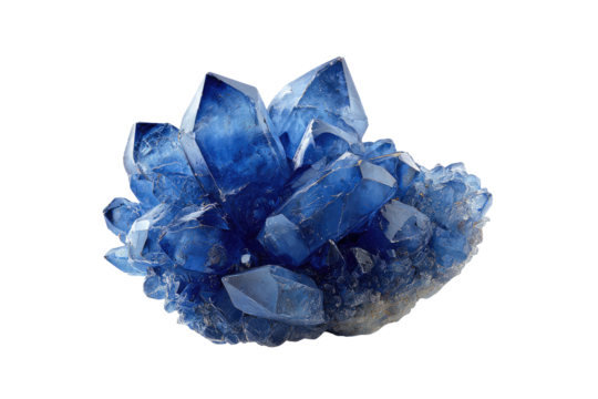 Cluster of deep blue quartz-like crystals on dark background