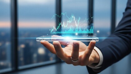 Businessman analyzing stock market data on futuristic smartphone investment strategy trend