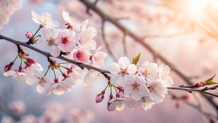 Closeup of cherry blossoms on a branch, bathed in soft sunlight, highlighting the delicate beauty and intricate details of the springtime blooms