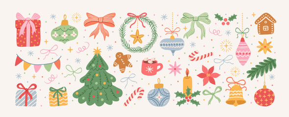 Plakat Christmas hand drawn cute vintage doodle elements. Christmas tree, gift, star, bows, candy cane, baubles, cacao, confetti, snowflake, holly. Holiday retro decorations. Vector illustration.