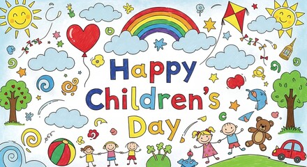 Happy Children's Day colorful doodle illustration with diverse kids, rainbow, and playful elements.