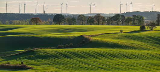 Intensely green fields contrasting with the autumn colors of trees in Brandenburg, Germany