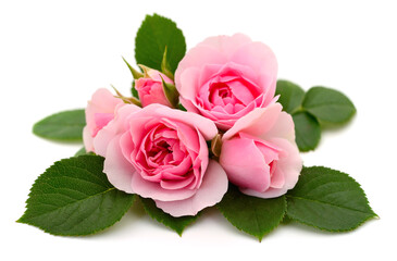Pink roses with green leaves isolated on white background