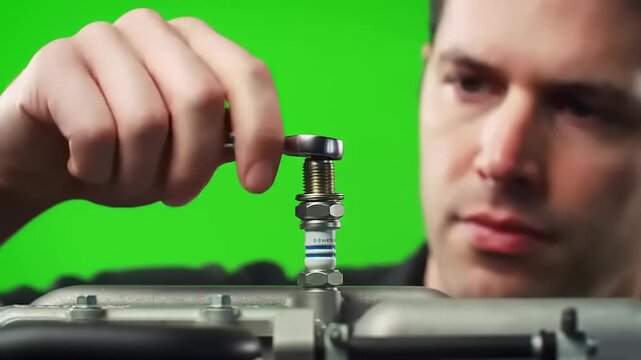Focused Male Mechanic Installing a Spark Plug on a Car Engine with a Green Screen Background.