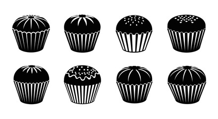 A collection of monochrome cupcake silhouettes with varied frosting details