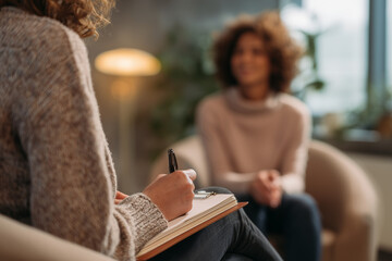 Private therapy session: therapist taking notes while client speaks in a warm, cozy office — emotional support, active listening, and mental health care