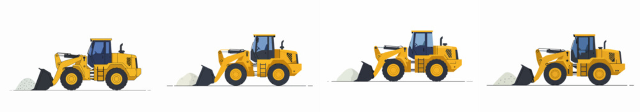 Animated sequence showing a yellow front-end loader scooping materials, construction machinery vector steps on a white background.