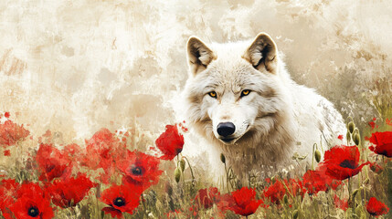 White wolf in red poppy flower field
