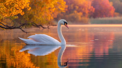 Swan gliding on autumn lake at sunset
