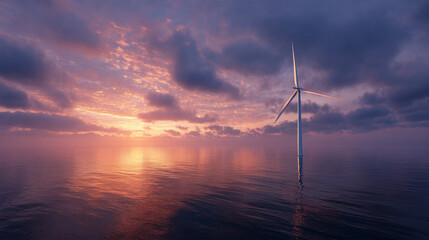 Offshore wind turbine at ocean sunset