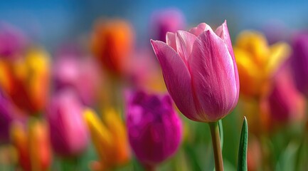 Vibrant tulips in a field. A close-up of a delicate pink tulip, with soft focus on surrounding tulips in various shades of orange, pink, and purple, against a bright blue sky