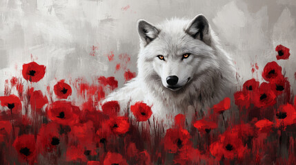 White wolf in red poppy flower field