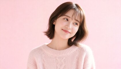 Fototapeta premium ピンクのセーターを着て優しく微笑む若い女性