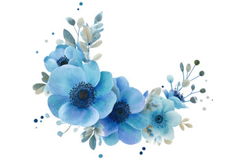 Blue flower cluster arc, blooms, leaves, black background