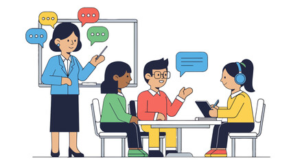 A Teacher Interacting With Students About Ideas And Communication In A Colorful Classroom