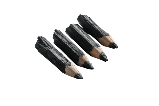 Four charcoal pencils diagonally on a black background