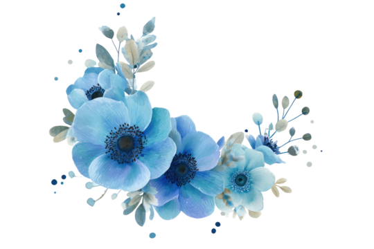 Blue flower cluster arc, blooms, leaves, black background