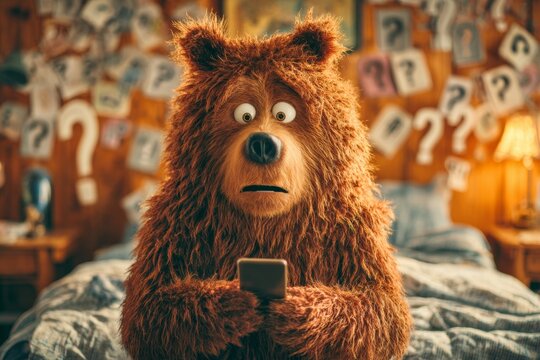 Endearing bear's smartphone adventure with exaggerated fear. Crypto mistakes made. Digital currencies and the myth of getting rich overnight. Bear in room. Cryptocurrency scams explained.