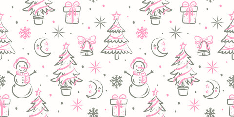 Seamless Christmas vector pattern with pink and gray chalk drawings of snowmen, Christmas trees, gifts, bows, bells, moons and snowflakes. Cute festive winter illustration for wrapping paper 