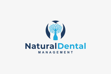 Modern dental clinic logo with blue tooth and tree symbol representing natural health care