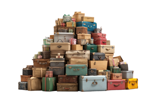 Stacked vintage suitcases & boxes form a pyramid shape