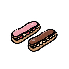 This set features 2 éclair desserts in strawberry and chocolate flavors. Ideal for food or tea time designs, with scalable vectors.