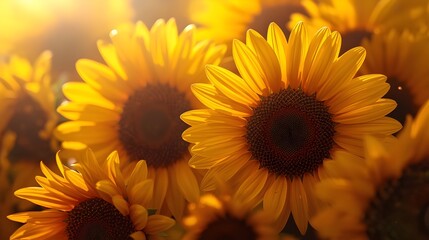 Fototapeta premium Close-up of vibrant sunflowers bathed in warm, golden sunlight, showcasing their intricate details and bright yellow petals