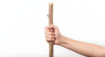 A persons hand firmly gripping a rough wooden stick against a clean white background, suggesting strength, determination, or a primitive tool