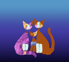 Colorful Cat Family Illustration on Purple Background