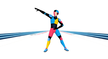 A Robotic Figure Adorned in Vibrant Colors Standing on an Abstract Path
