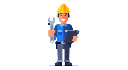 A Smiling Cartoon Mechanic Holding a Wrench and Clipboard on Isolated Black